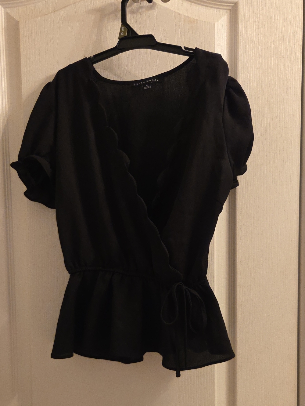 Haute Monde Black Scalloped Blouse with Tie Waist
